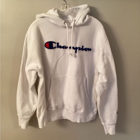 CHAMPION REVERSE WEAVE HOODIE CHENILLE SPELLOUT WHITE USA Vtg 90s Large - Picture 2 of 8